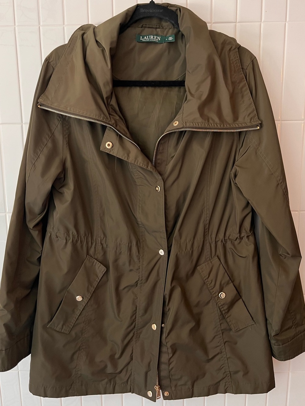 Lauren Ralph Lauren Olive Rain Jacket Gold RLL Hardware Hooded Utility Anorak